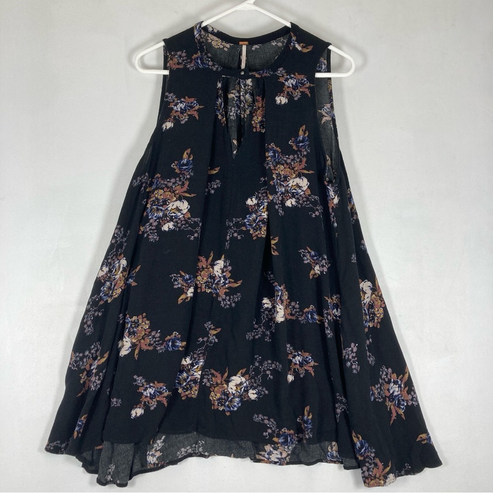 Free People Mini Dress Womens M Black Sleeveles Trapeze Floral Swing Boho - Picture 3 of 14